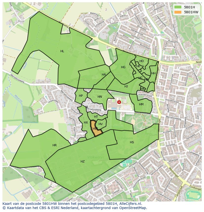 Afbeelding van het postcodegebied 5801 HW op de kaart.