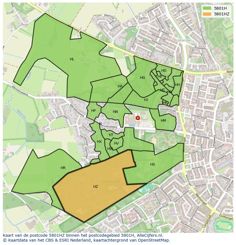 Afbeelding van het postcodegebied 5801 HZ op de kaart.