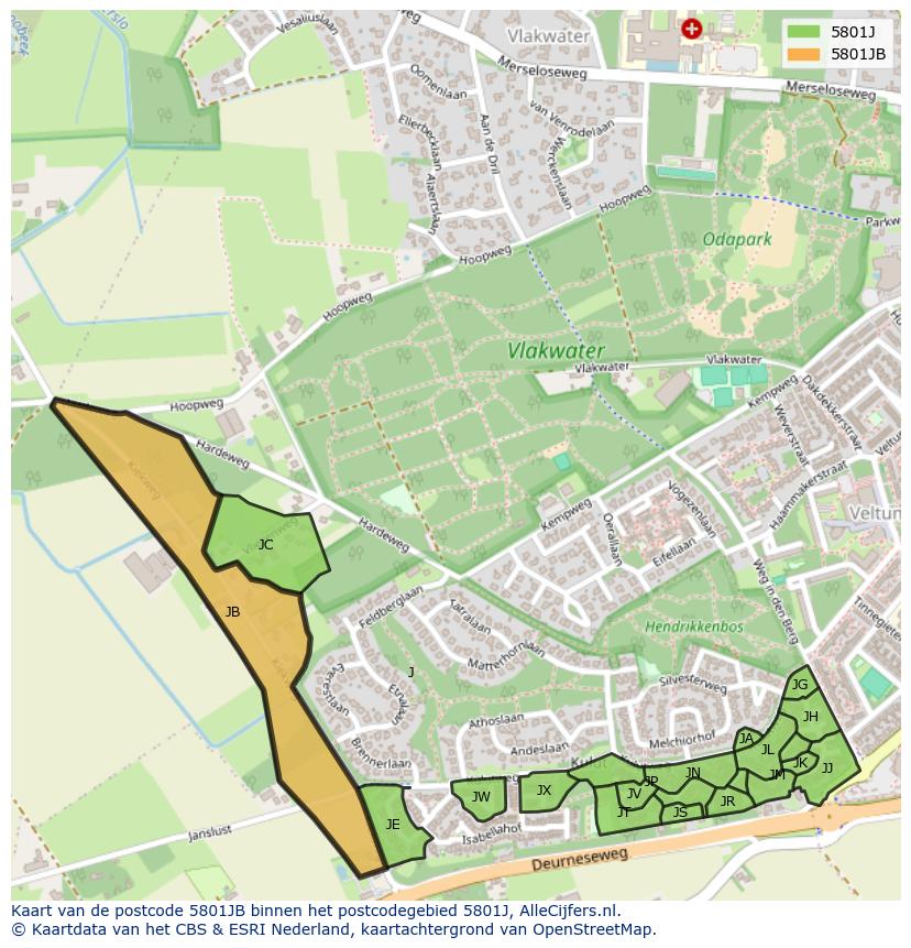 Afbeelding van het postcodegebied 5801 JB op de kaart.