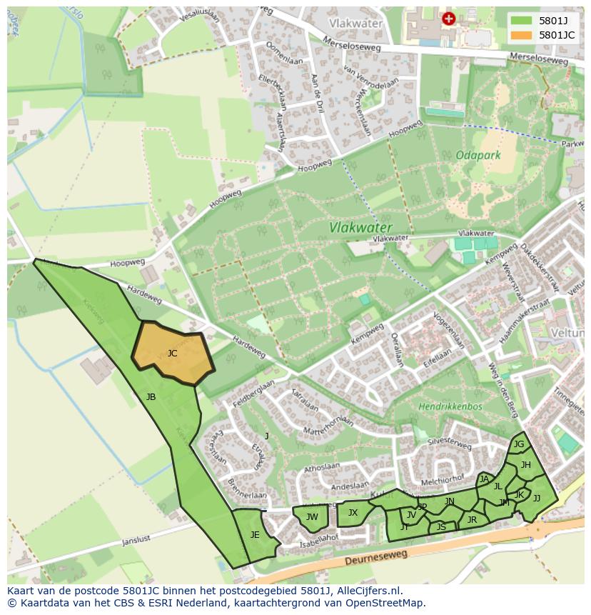 Afbeelding van het postcodegebied 5801 JC op de kaart.