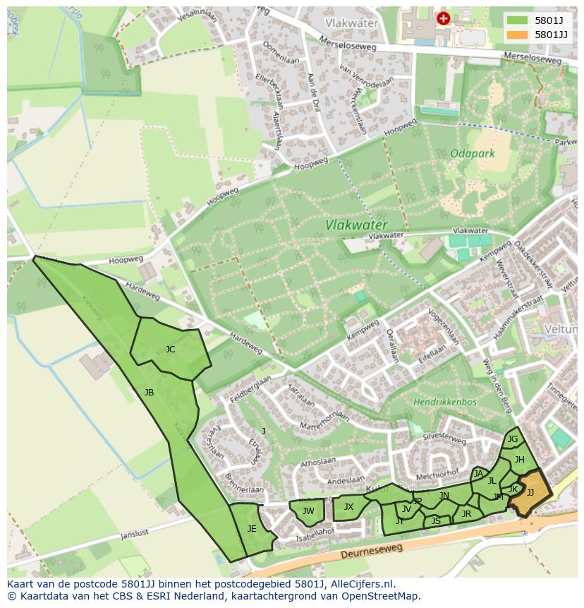 Afbeelding van het postcodegebied 5801 JJ op de kaart.