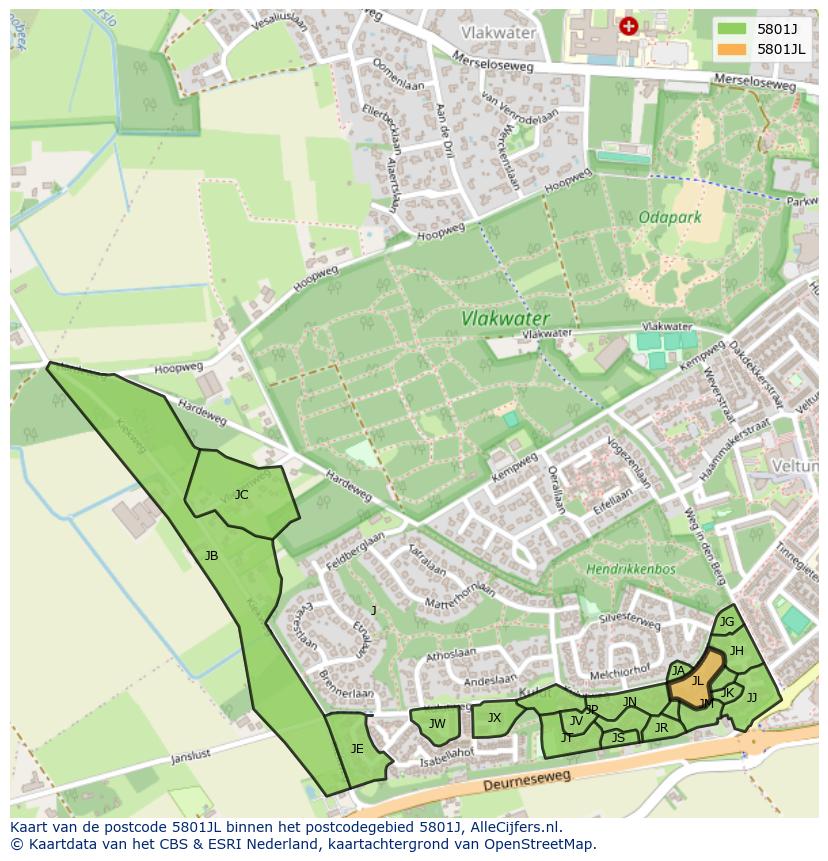 Afbeelding van het postcodegebied 5801 JL op de kaart.