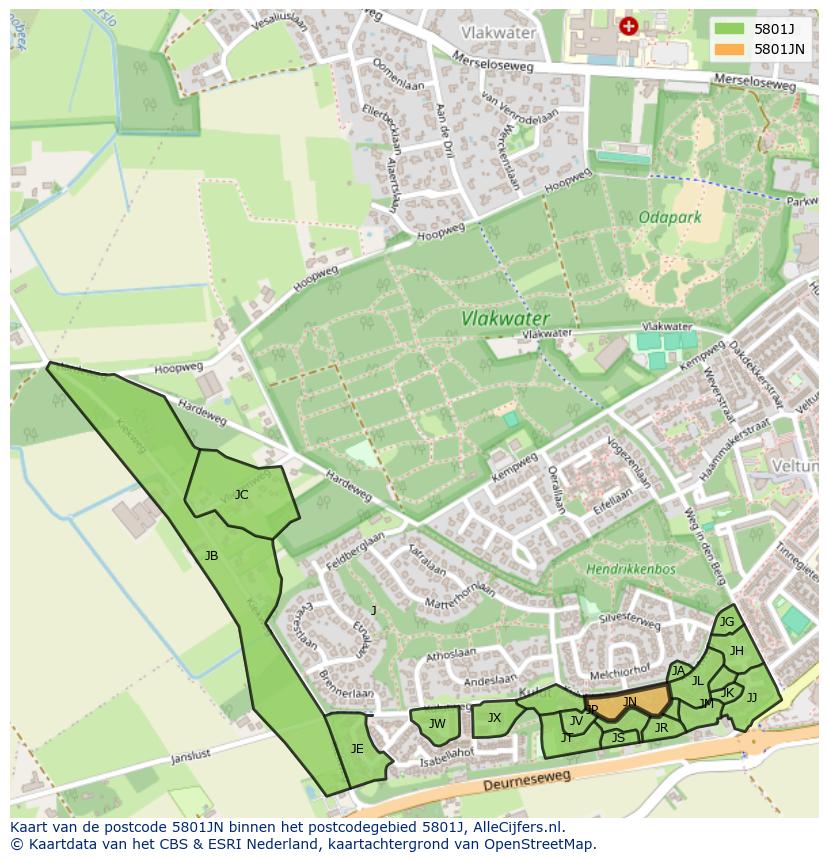Afbeelding van het postcodegebied 5801 JN op de kaart.