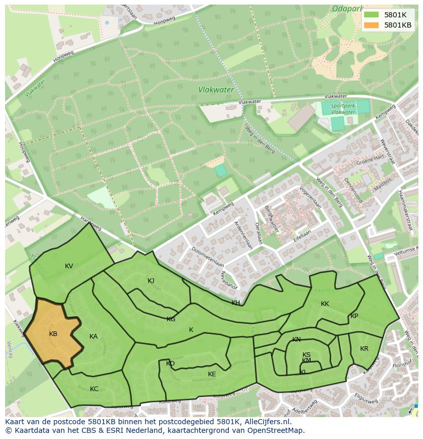 Afbeelding van het postcodegebied 5801 KB op de kaart.