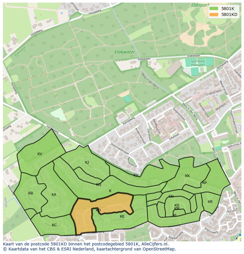 Afbeelding van het postcodegebied 5801 KD op de kaart.