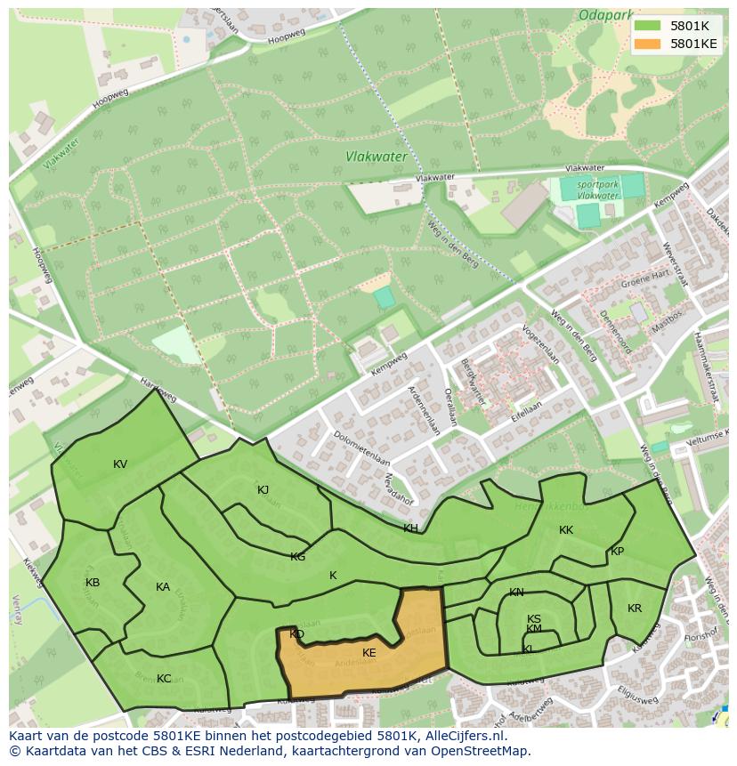 Afbeelding van het postcodegebied 5801 KE op de kaart.