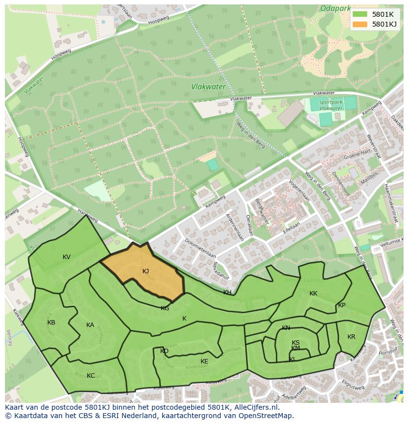 Afbeelding van het postcodegebied 5801 KJ op de kaart.