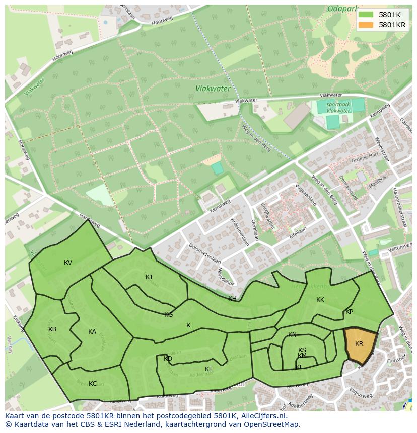 Afbeelding van het postcodegebied 5801 KR op de kaart.
