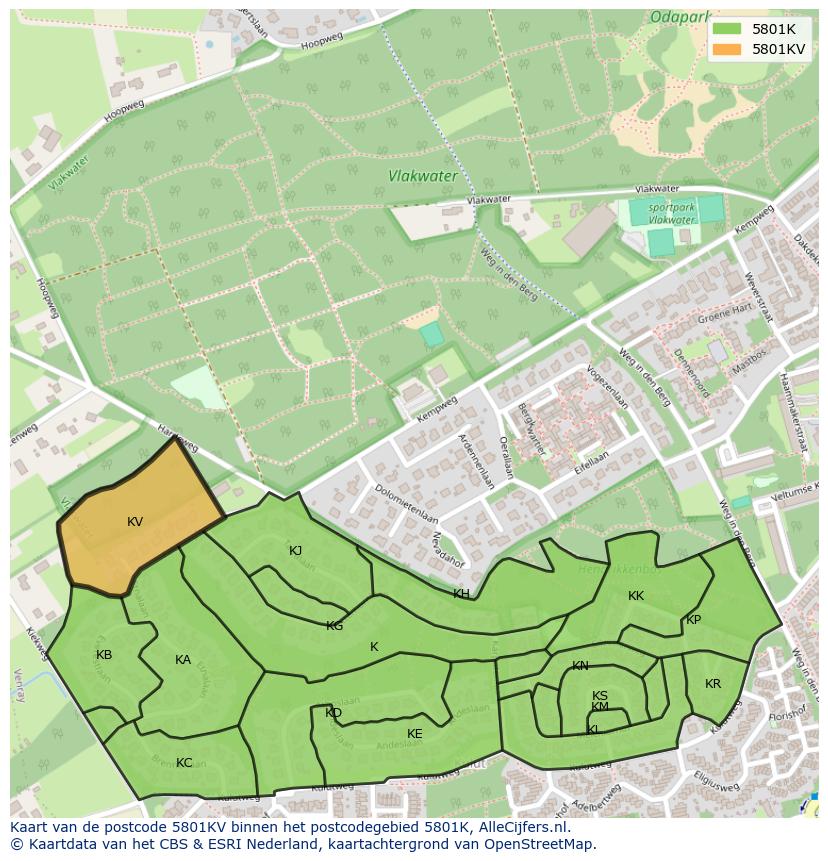 Afbeelding van het postcodegebied 5801 KV op de kaart.