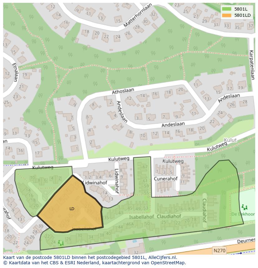 Afbeelding van het postcodegebied 5801 LD op de kaart.