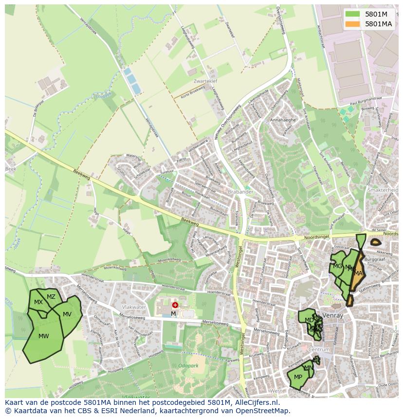 Afbeelding van het postcodegebied 5801 MA op de kaart.