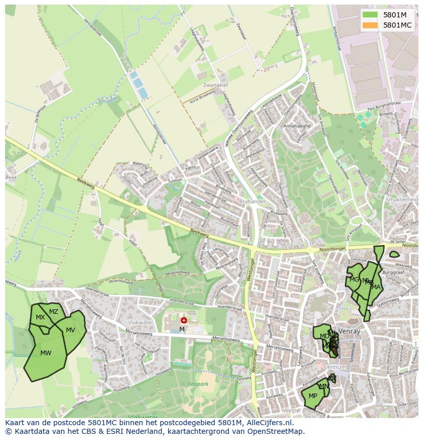 Afbeelding van het postcodegebied 5801 MC op de kaart.