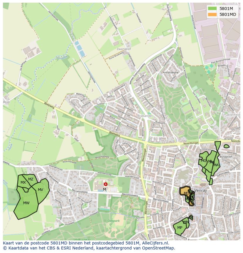 Afbeelding van het postcodegebied 5801 MD op de kaart.
