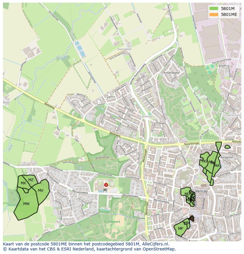 Afbeelding van het postcodegebied 5801 ME op de kaart.