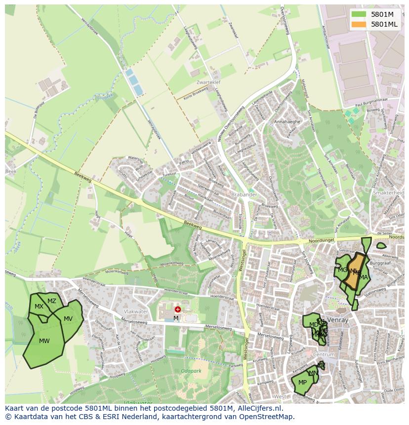 Afbeelding van het postcodegebied 5801 ML op de kaart.