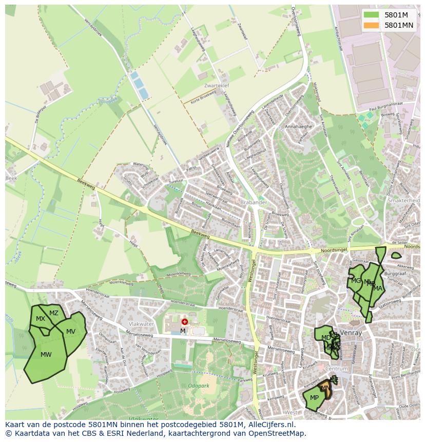 Afbeelding van het postcodegebied 5801 MN op de kaart.