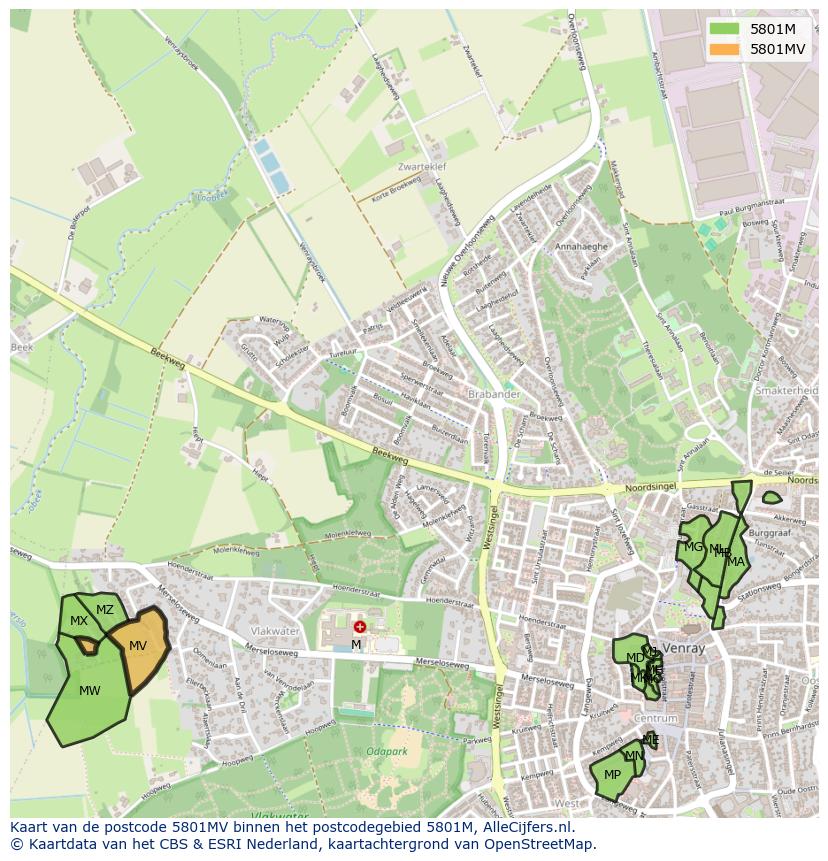 Afbeelding van het postcodegebied 5801 MV op de kaart.