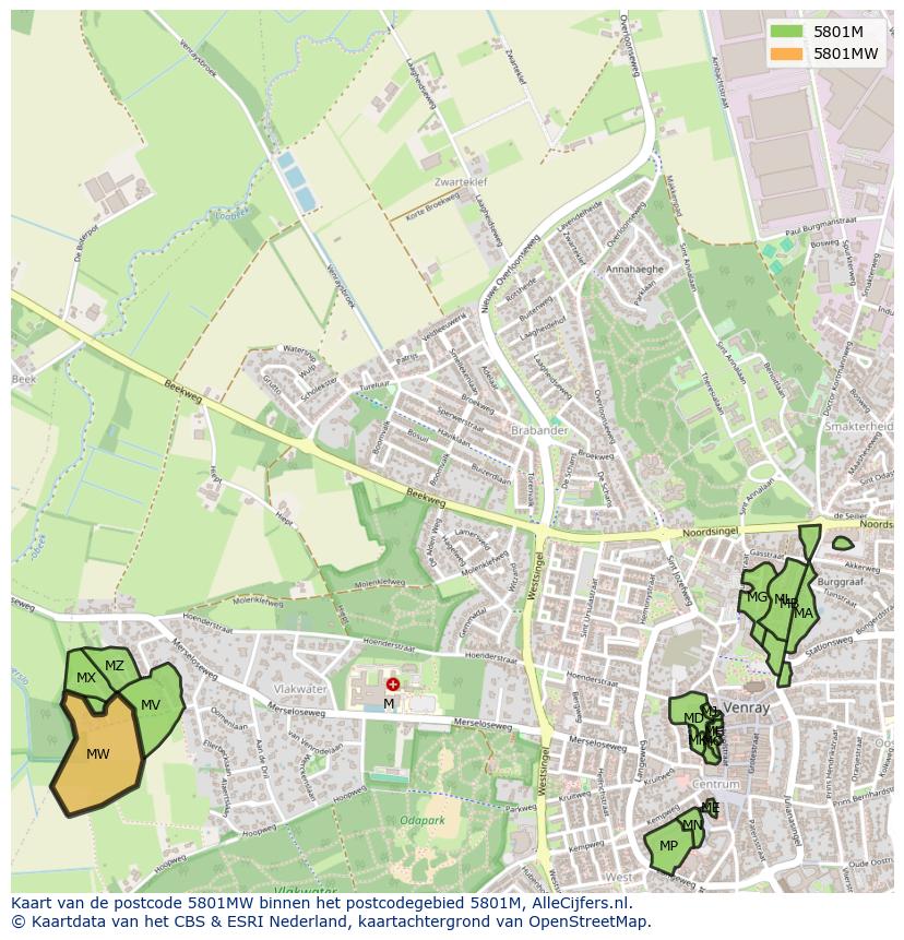 Afbeelding van het postcodegebied 5801 MW op de kaart.