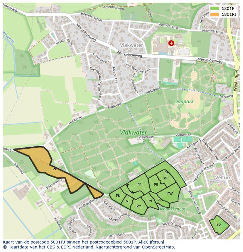 Afbeelding van het postcodegebied 5801 PJ op de kaart.