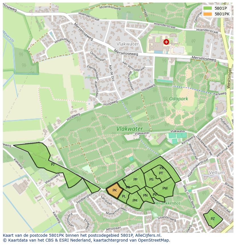Afbeelding van het postcodegebied 5801 PK op de kaart.