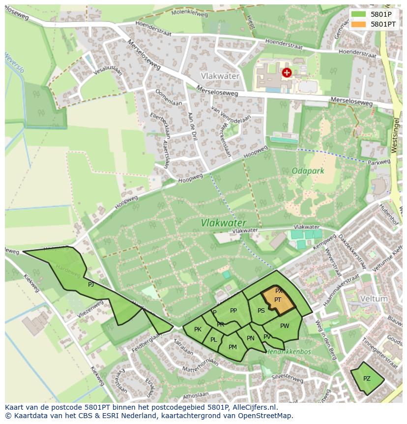 Afbeelding van het postcodegebied 5801 PT op de kaart.