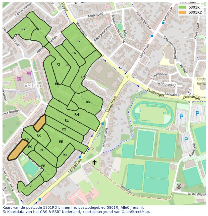 Afbeelding van het postcodegebied 5801 RD op de kaart.
