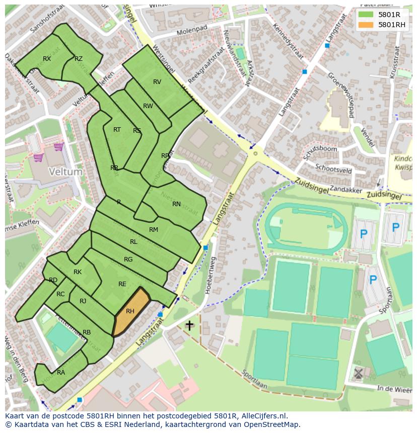 Afbeelding van het postcodegebied 5801 RH op de kaart.