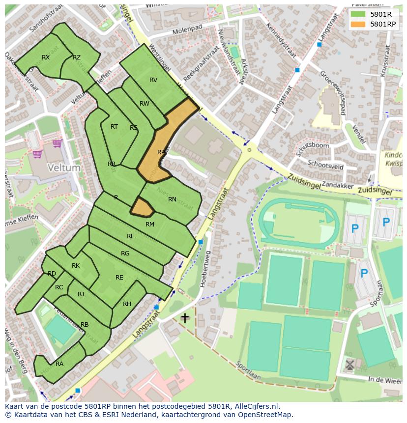 Afbeelding van het postcodegebied 5801 RP op de kaart.