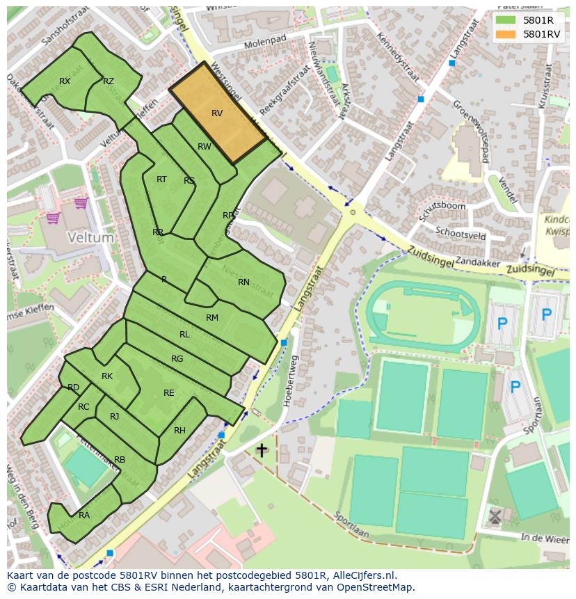 Afbeelding van het postcodegebied 5801 RV op de kaart.