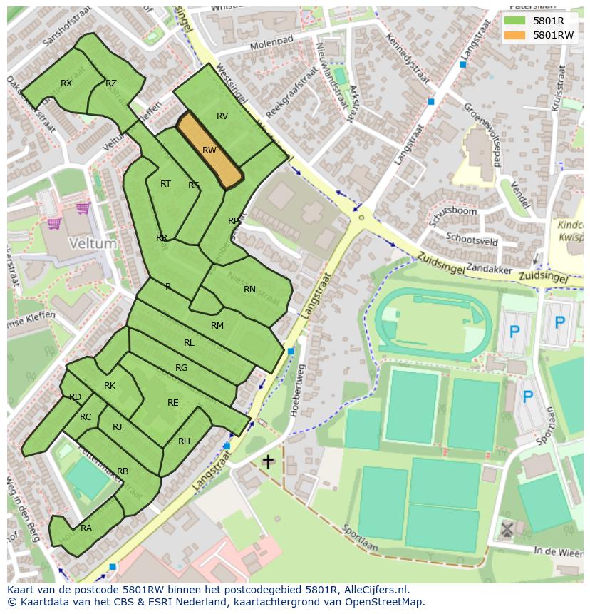 Afbeelding van het postcodegebied 5801 RW op de kaart.