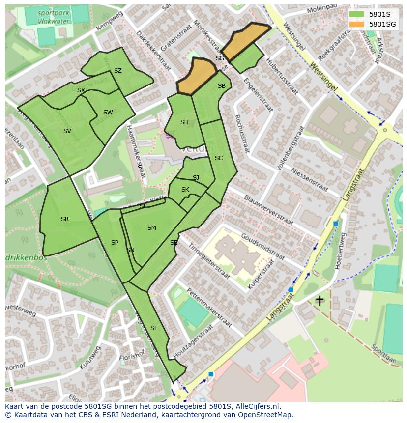 Afbeelding van het postcodegebied 5801 SG op de kaart.