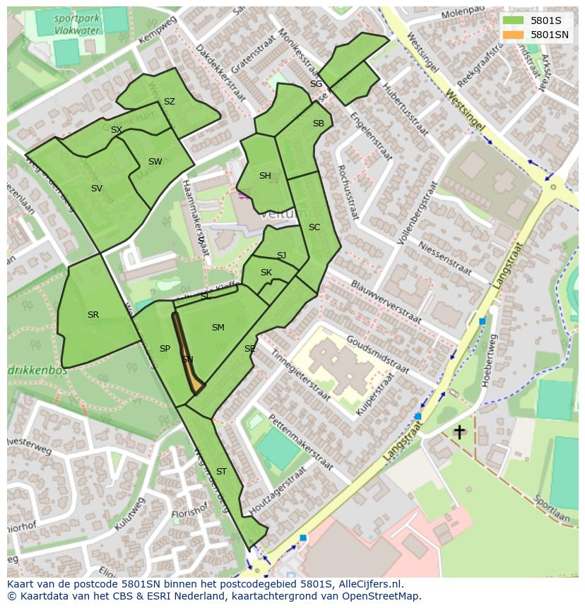 Afbeelding van het postcodegebied 5801 SN op de kaart.