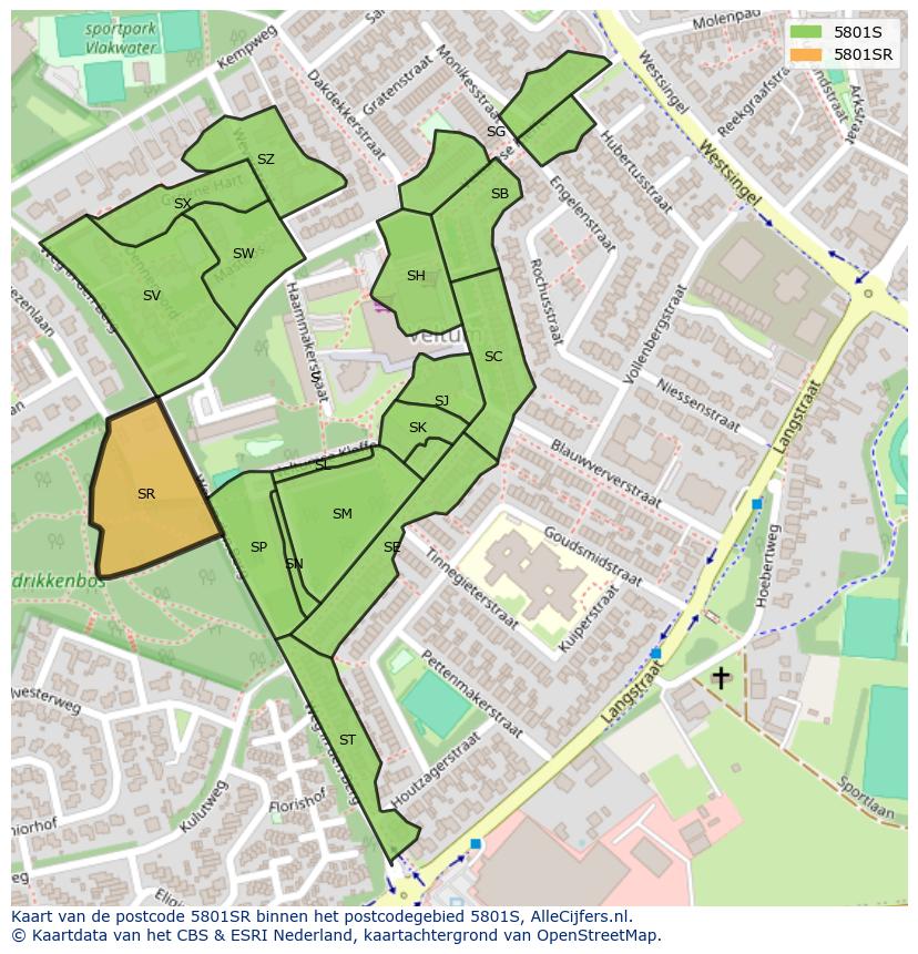Afbeelding van het postcodegebied 5801 SR op de kaart.