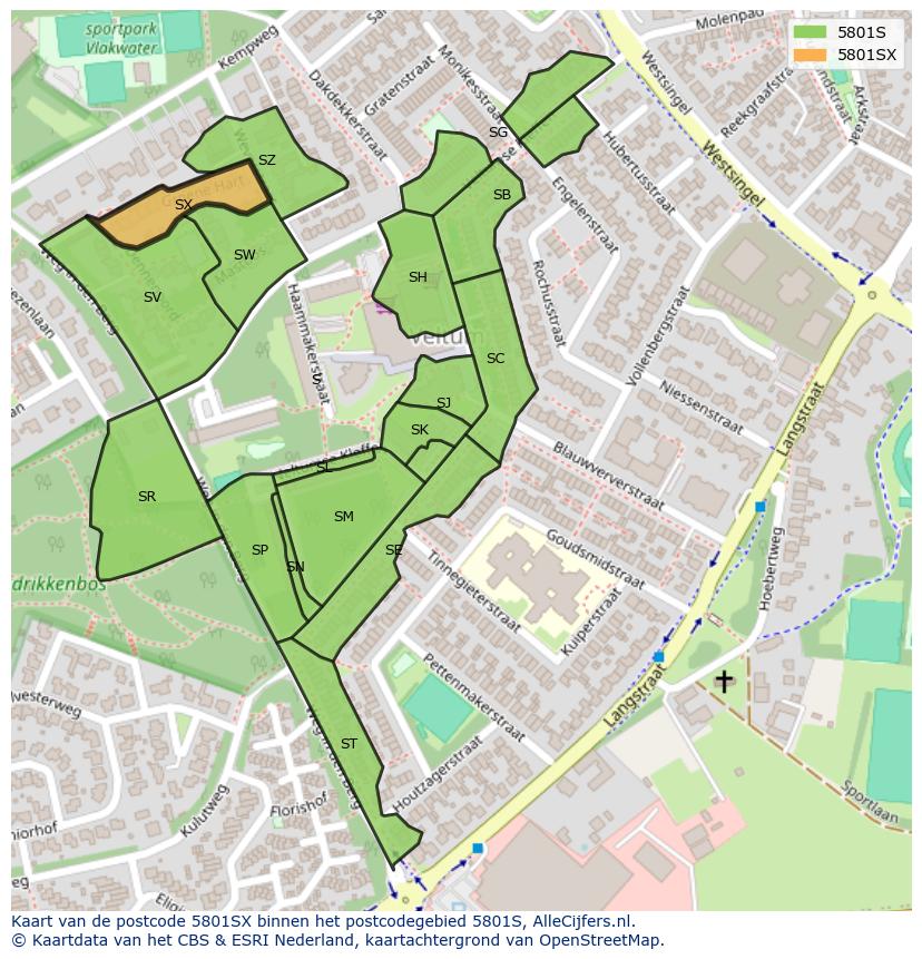 Afbeelding van het postcodegebied 5801 SX op de kaart.