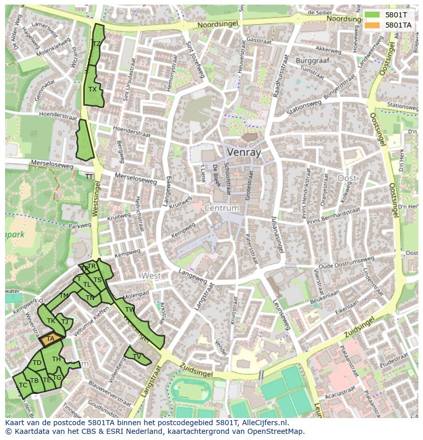 Afbeelding van het postcodegebied 5801 TA op de kaart.