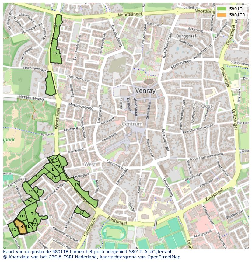 Afbeelding van het postcodegebied 5801 TB op de kaart.