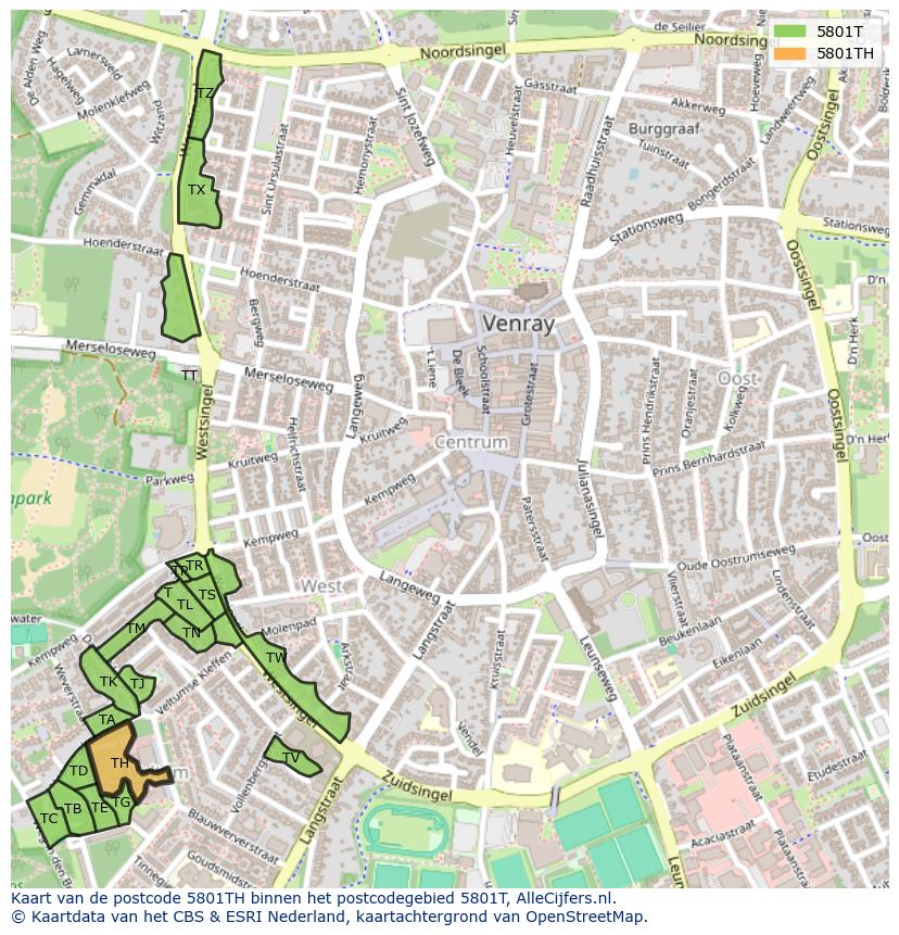 Afbeelding van het postcodegebied 5801 TH op de kaart.