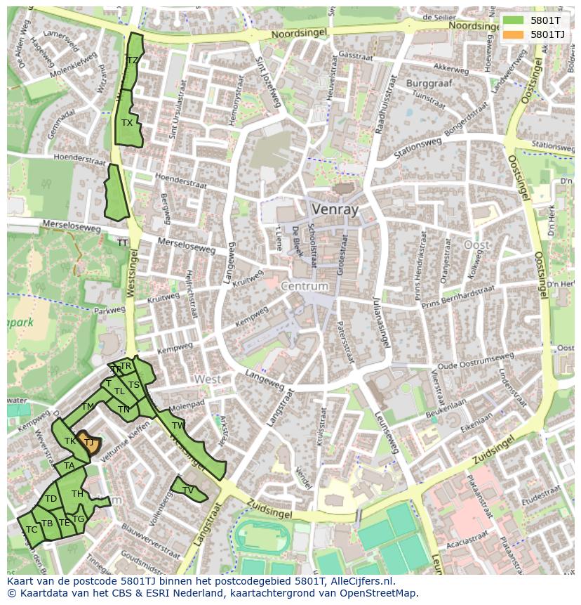 Afbeelding van het postcodegebied 5801 TJ op de kaart.