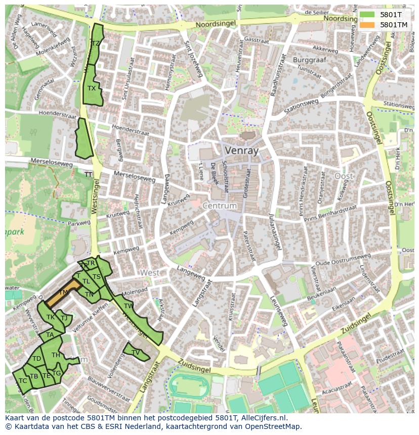 Afbeelding van het postcodegebied 5801 TM op de kaart.