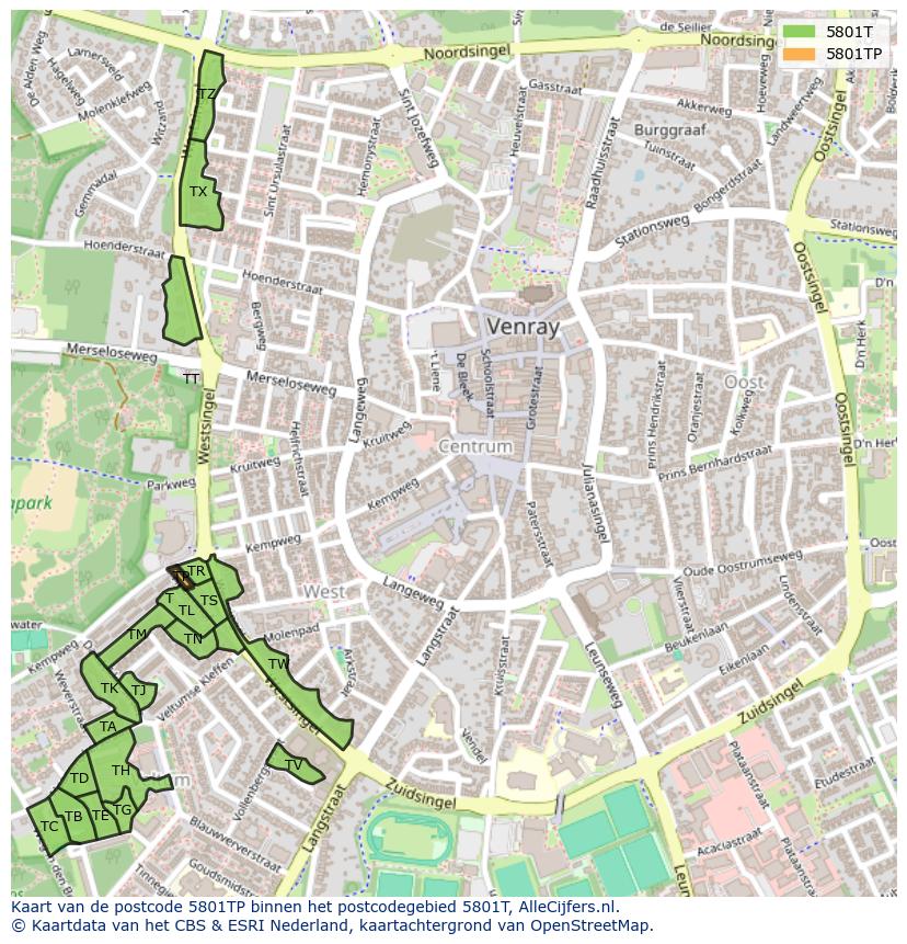 Afbeelding van het postcodegebied 5801 TP op de kaart.