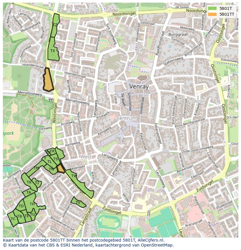 Afbeelding van het postcodegebied 5801 TT op de kaart.