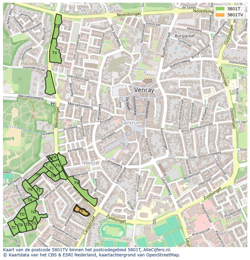 Afbeelding van het postcodegebied 5801 TV op de kaart.
