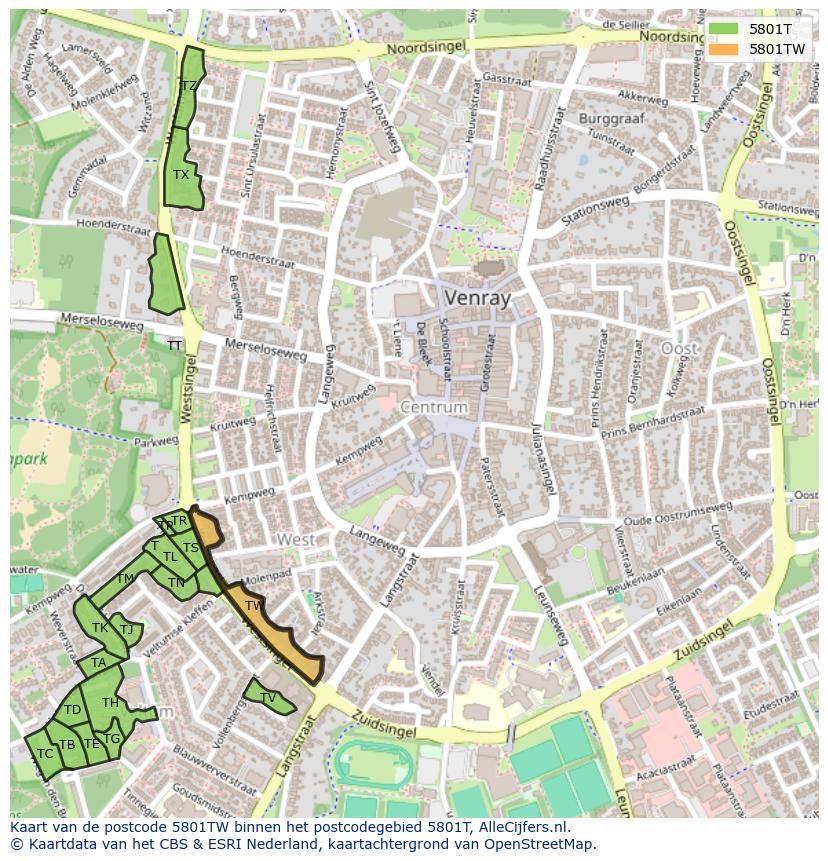 Afbeelding van het postcodegebied 5801 TW op de kaart.
