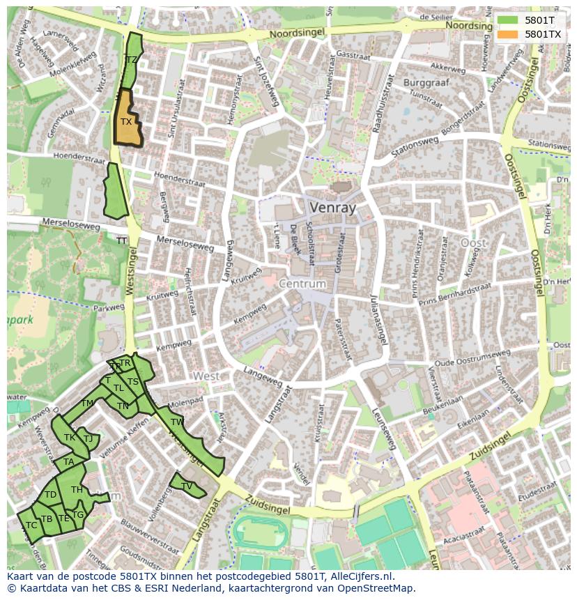 Afbeelding van het postcodegebied 5801 TX op de kaart.