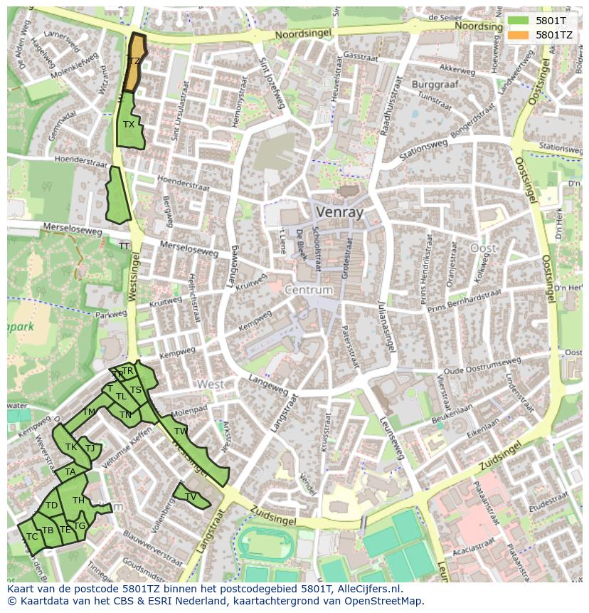 Afbeelding van het postcodegebied 5801 TZ op de kaart.