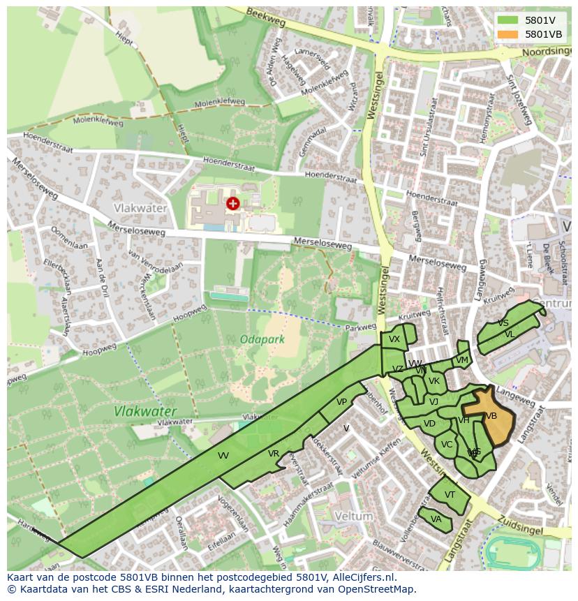 Afbeelding van het postcodegebied 5801 VB op de kaart.