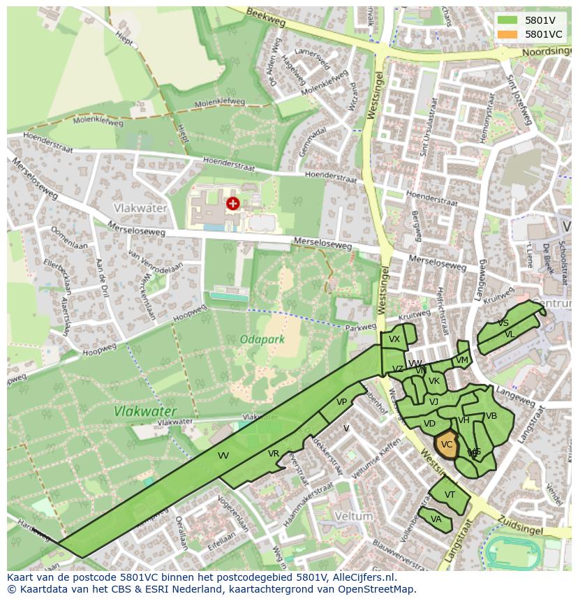 Afbeelding van het postcodegebied 5801 VC op de kaart.