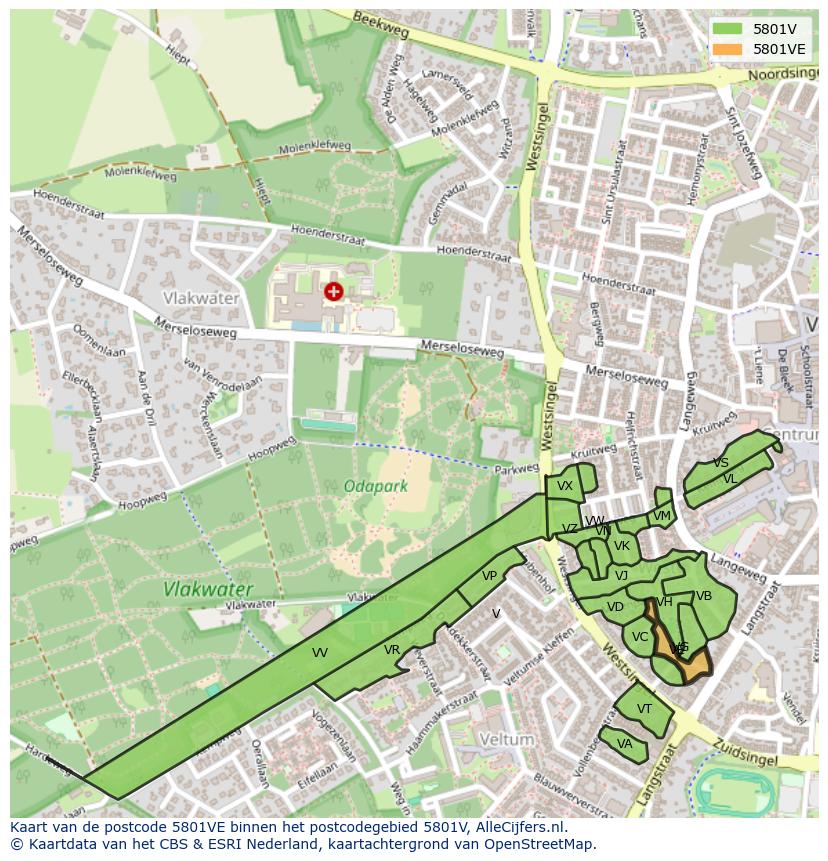 Afbeelding van het postcodegebied 5801 VE op de kaart.