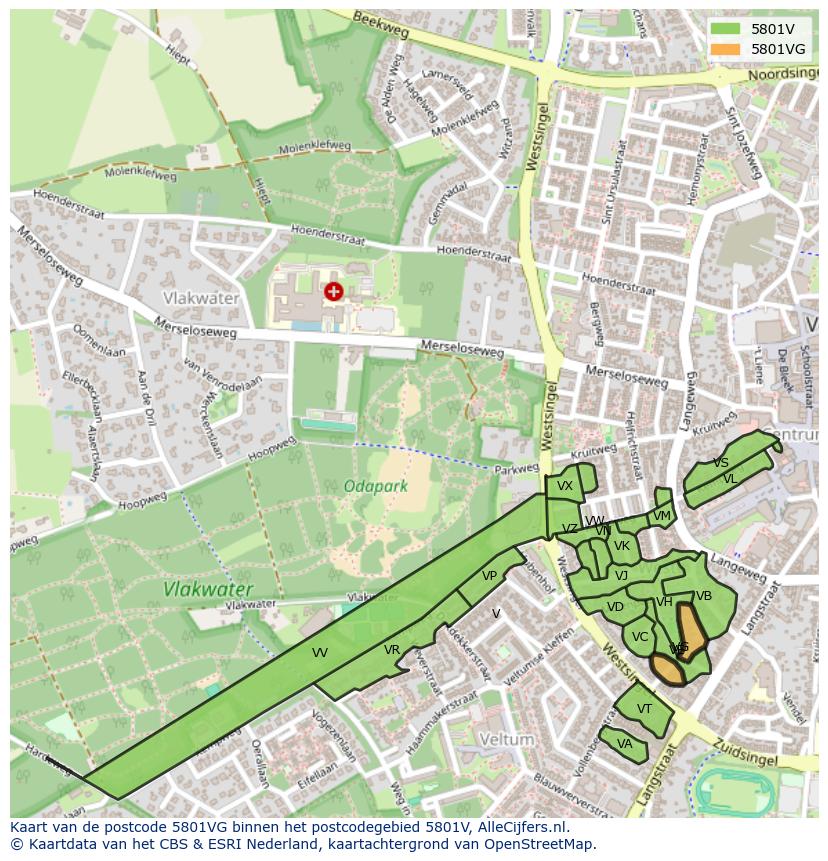 Afbeelding van het postcodegebied 5801 VG op de kaart.