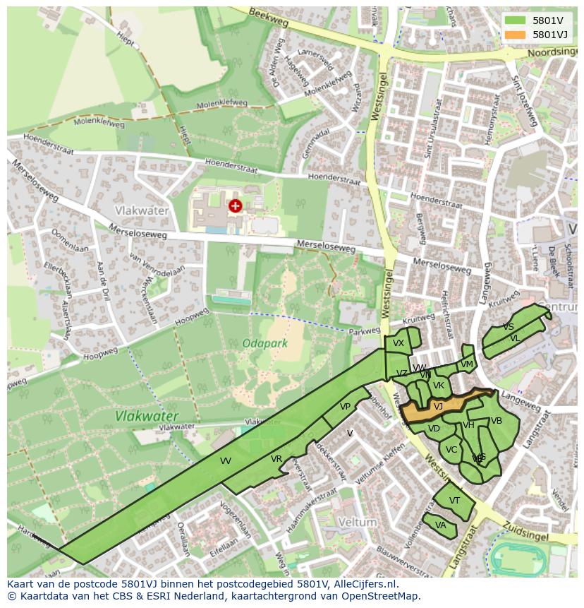 Afbeelding van het postcodegebied 5801 VJ op de kaart.